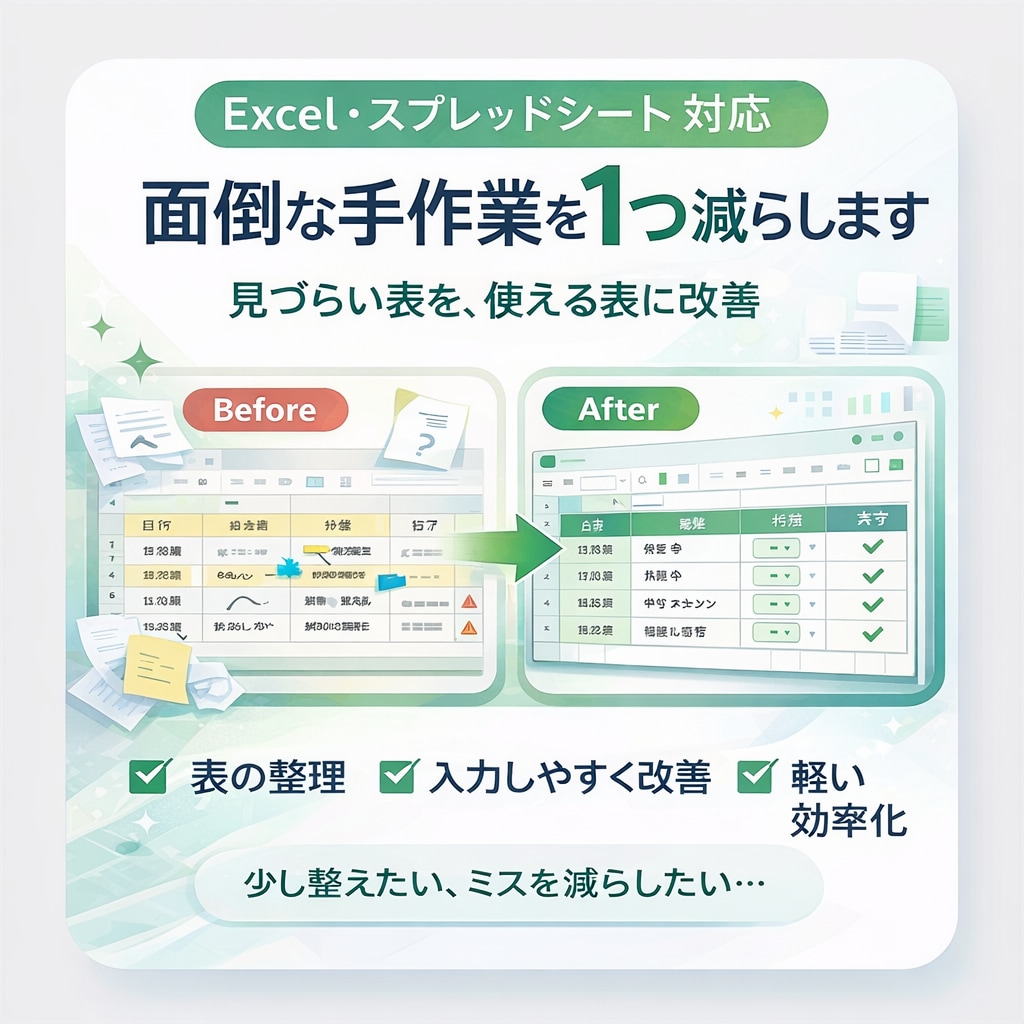 Excel・スプシの手作業を1つ減らします 見づらい表を、使える表に整えます イメージ1