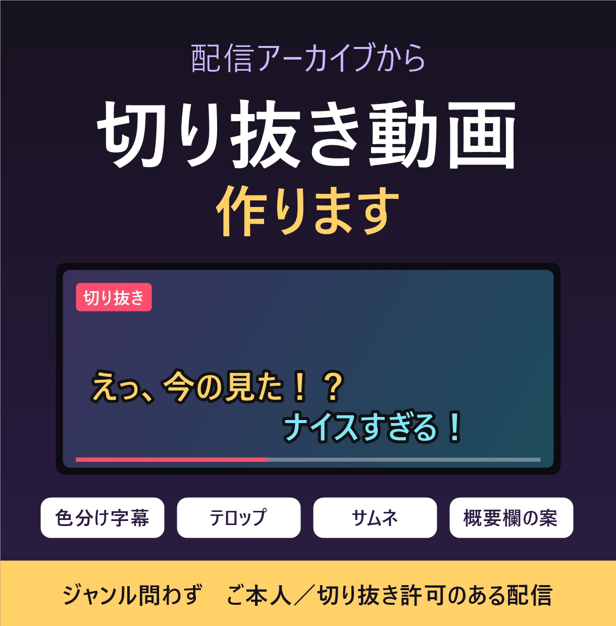 配信の切り抜き動画を字幕・テロップつきで作ります 話者ごとの色分け字幕・サムネ・概要欄の案まで一式 イメージ1