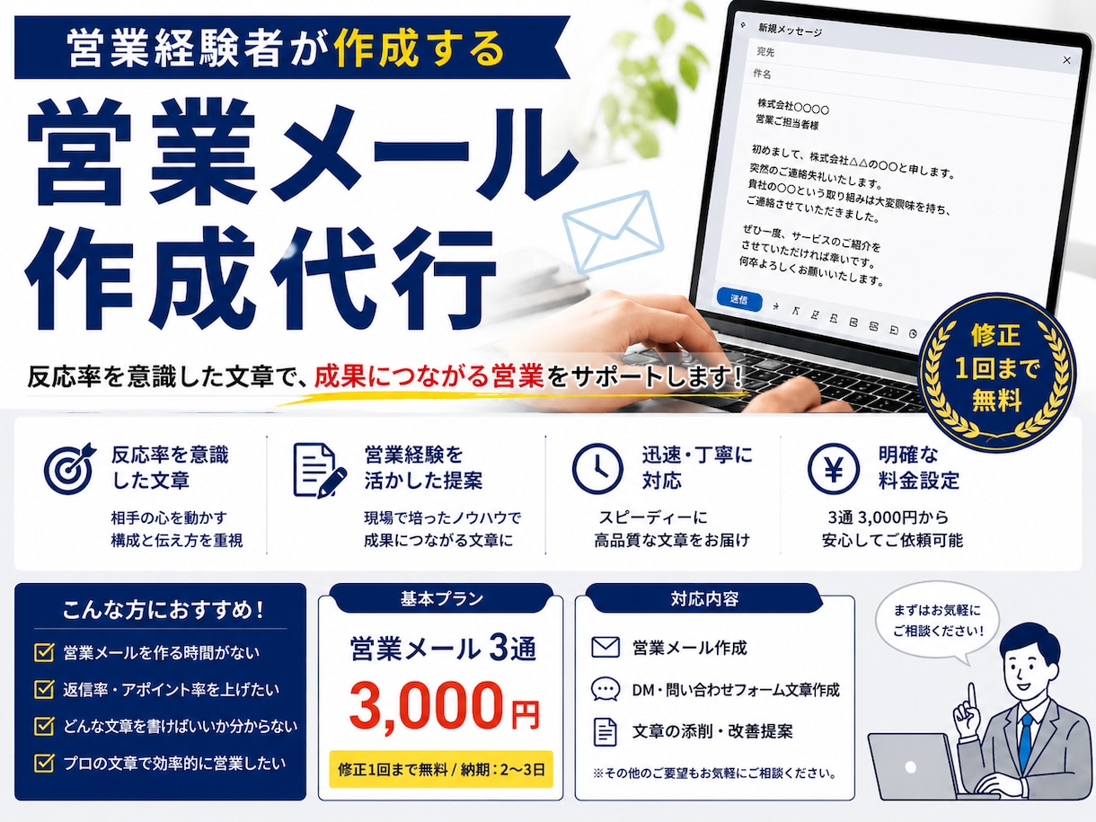 現役営業が反応率を意識した文章作成します 営業経験者が反応率を意識した営業メール・DMを作成します イメージ1