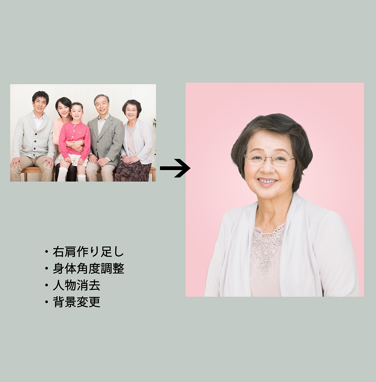 葬儀業界現役のプロが遺影写真を作成いたします 着せ替え、背景消去、シミ・シワ消し、高画質化など対応出来ます イメージ2