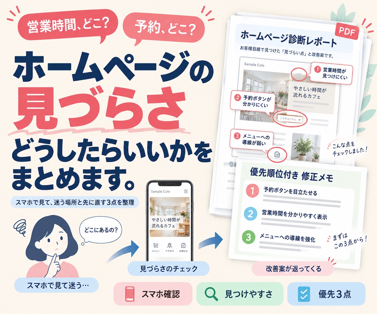 ホームページの見づらさと改善点をまとめます スマホで見て、迷う場所と先に直す三点を整理 イメージ1