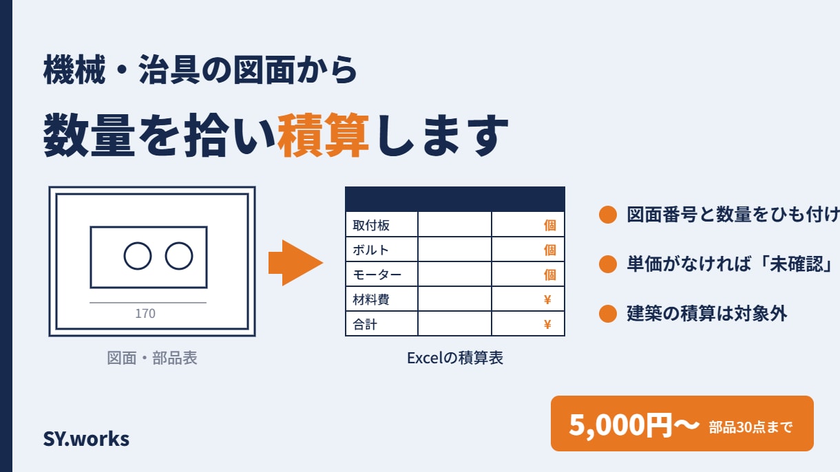 機械・治具の図面から数量を拾い積算します 図面番号と数量の根拠つき｜数量集計表・積算表をExcelで イメージ1