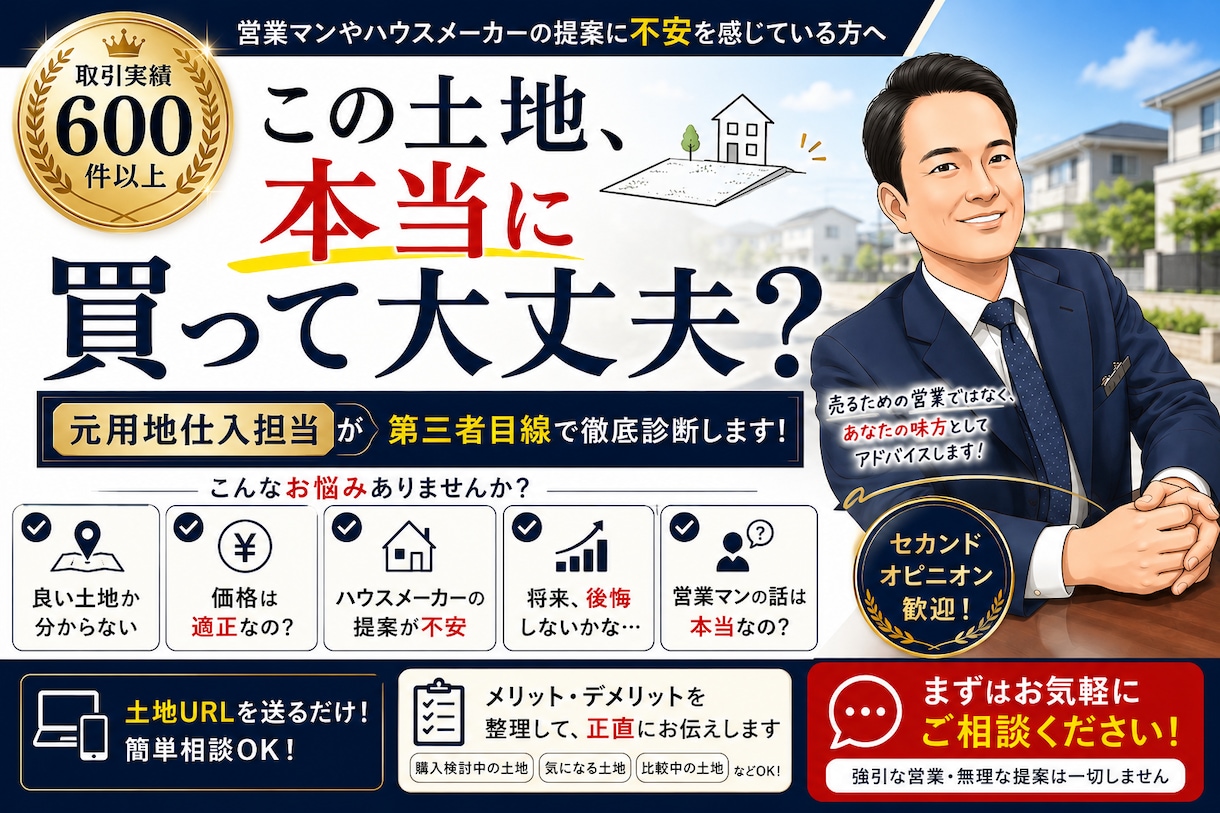 その土地後悔しない？土地目利きのプロが診断します 物件URLでOK！プロが厳しい目で土地を買う時のリスク診断 イメージ1