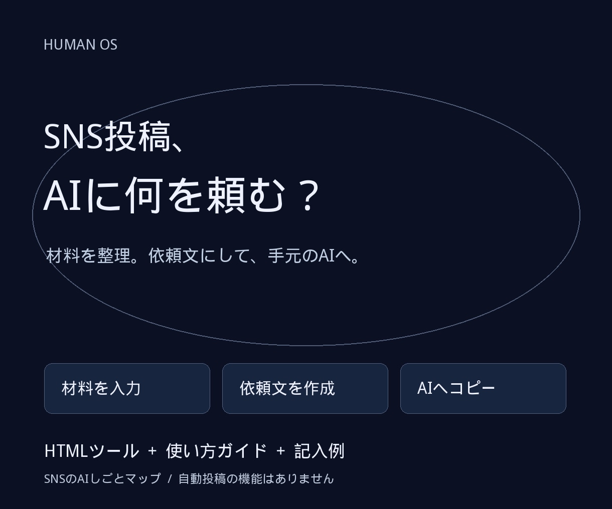 SNS投稿のAI依頼文を作るツールをお届けします 何を頼むか、どこを確かめるか。記入例から整理 イメージ1