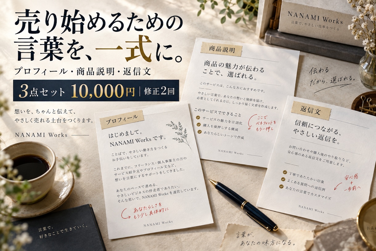 副業のプロフィールと商品説明を一式整えます 販売開始に必要な3つの文章を同じ方針で制作 イメージ1