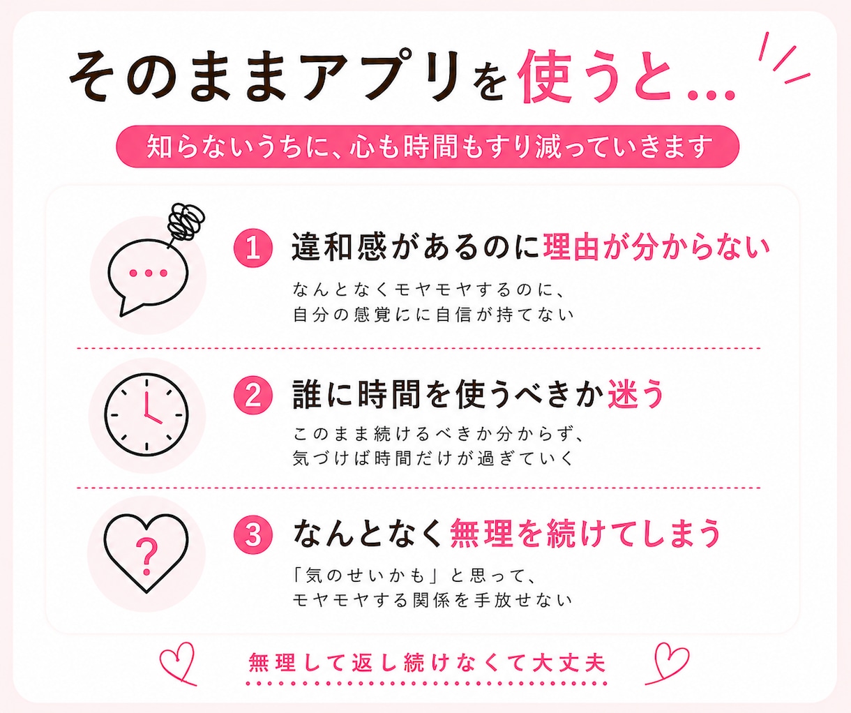マッチングアプリ｜この人どうなの？を見極めます 「なんか違うかも」を一人で抱えなくて大丈夫です イメージ3