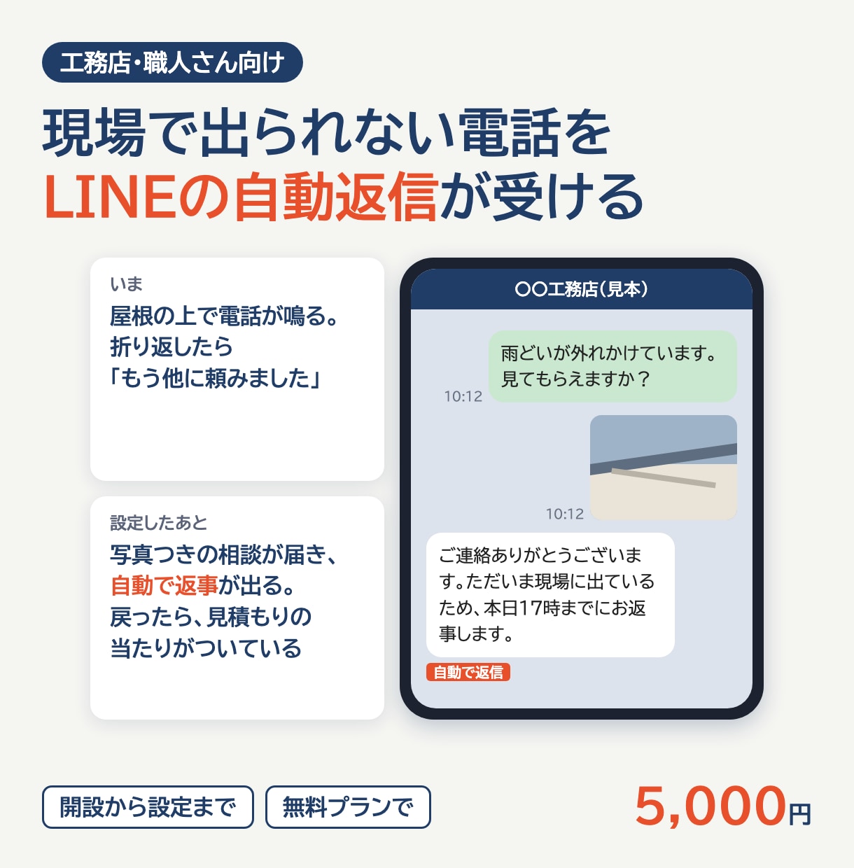 LINE公式アカウントの開設と自動返信を設定します 工務店・職人さん向け｜現場で出られない電話の代わりに イメージ1