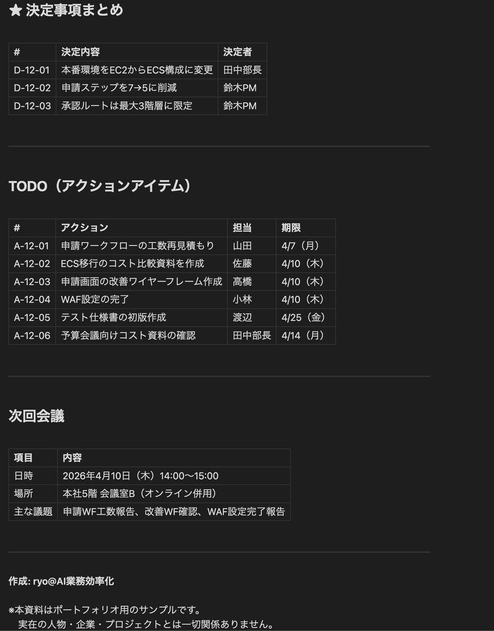 会議の文字起し・メモから見やすい議事録を作成します 決定事項・TODOが一目でわかる議事録をお届け イメージ4