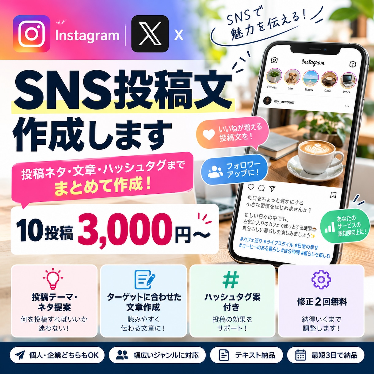 InstagramやXの投稿文を10本作成します 業種やターゲットに合わせた投稿文を丁寧に作成！ イメージ1