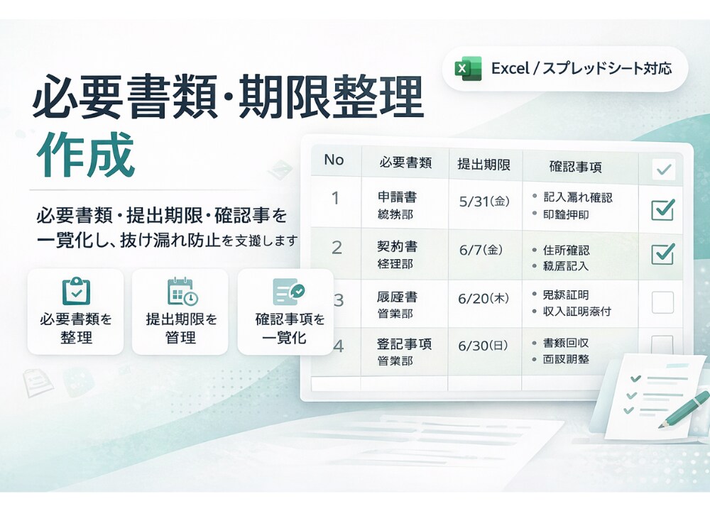 必要書類・期限整理表を作成します /提出漏れ・確認漏れを防ぐ支援をします。 イメージ1