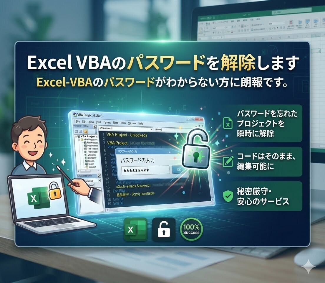 ExcelVBAのパスワードを解除します Excel-VBAのパスワードがわからない方に朗報です。 イメージ1