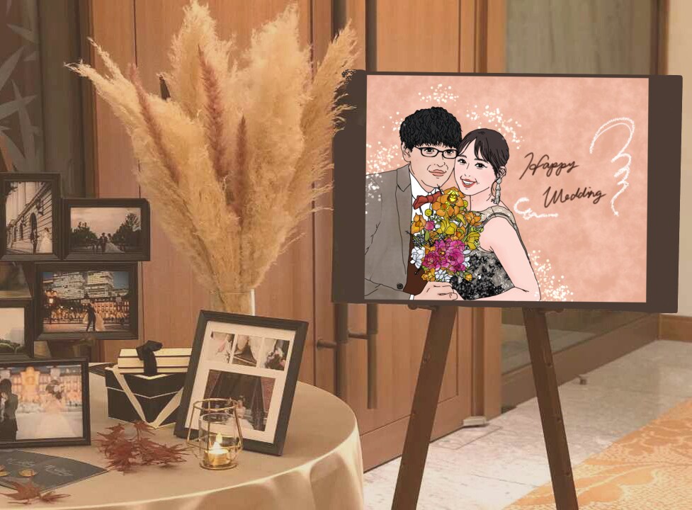 シンプルお洒落♪♪ウェルカムボード用似顔絵描きます 結婚式･二次会に☆お二人のドレスアップ姿を元に制作します☆ イメージ3