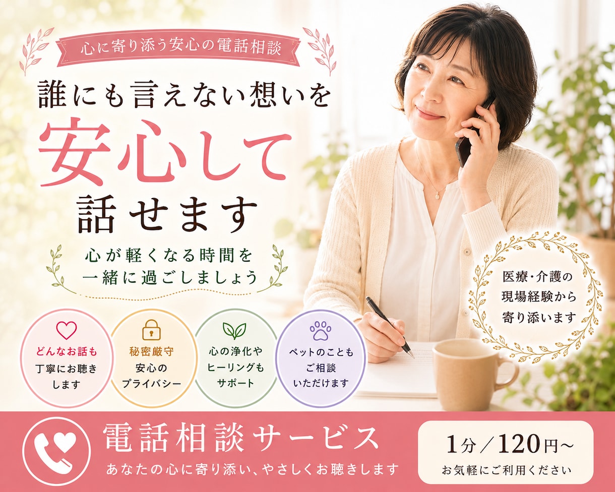 女性限定✧ひとりで抱え込んだ心に寄り添います 医療/介護経験４０年✫誰にも言えない想いを安心して話せます イメージ1