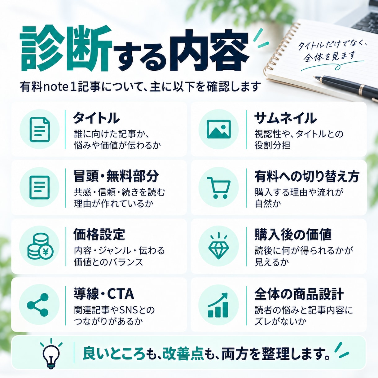 有料noteを500記事の調査データから診断します 「どこを直せばいい？」を客観的に整理します。 イメージ4