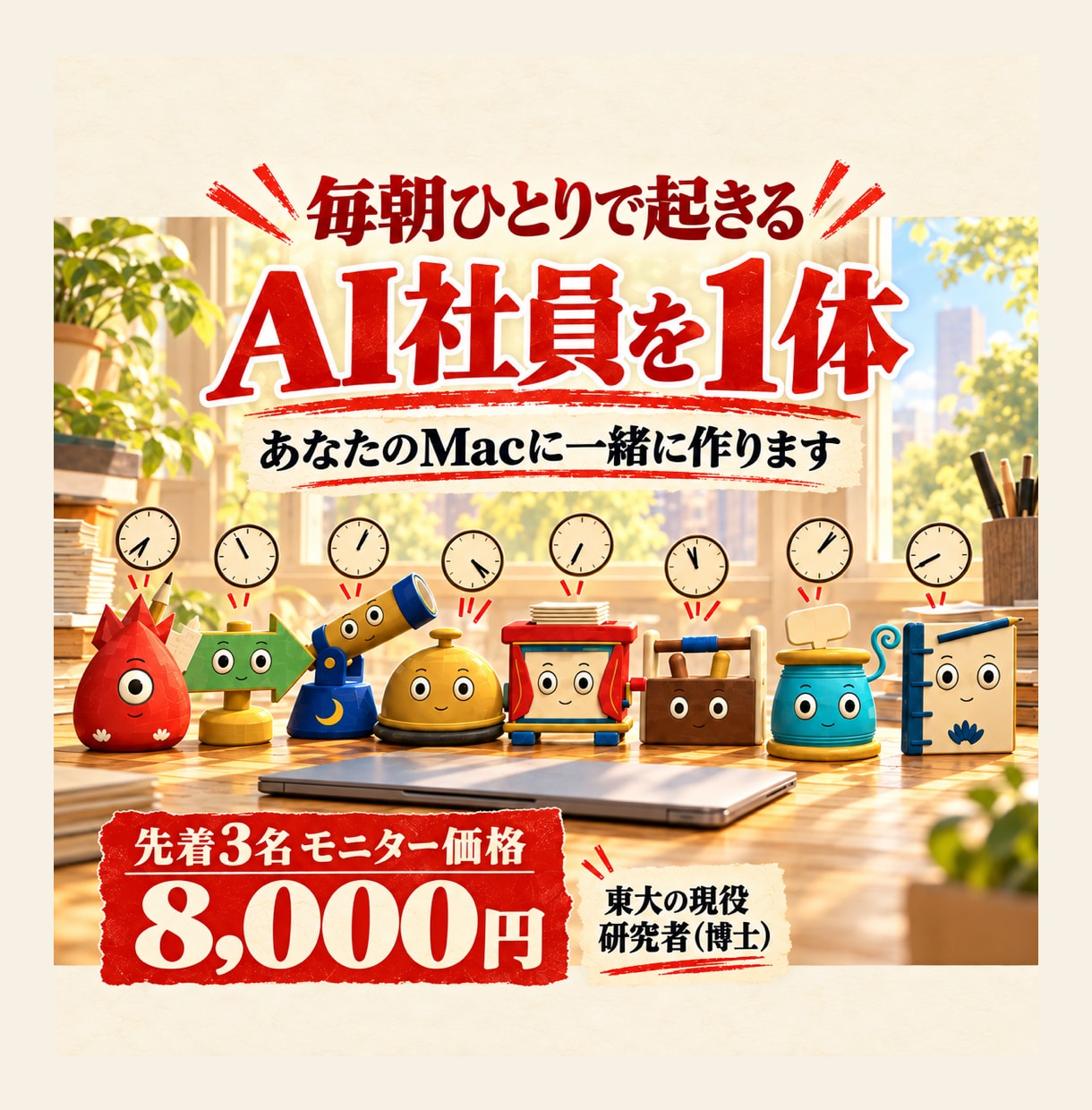 毎朝自分で動くAI社員を一緒に作ります 頼まなくても毎朝起きて働く1体をあなたのMacに イメージ1