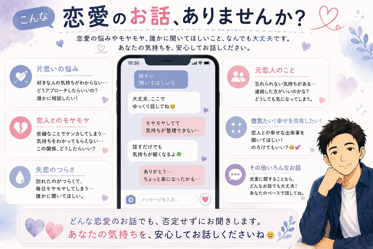 恋愛の愚痴・悩み・モヤモヤをチャットでお聞きします 恋愛の愚痴やモヤモヤを気軽にお話しください イメージ2