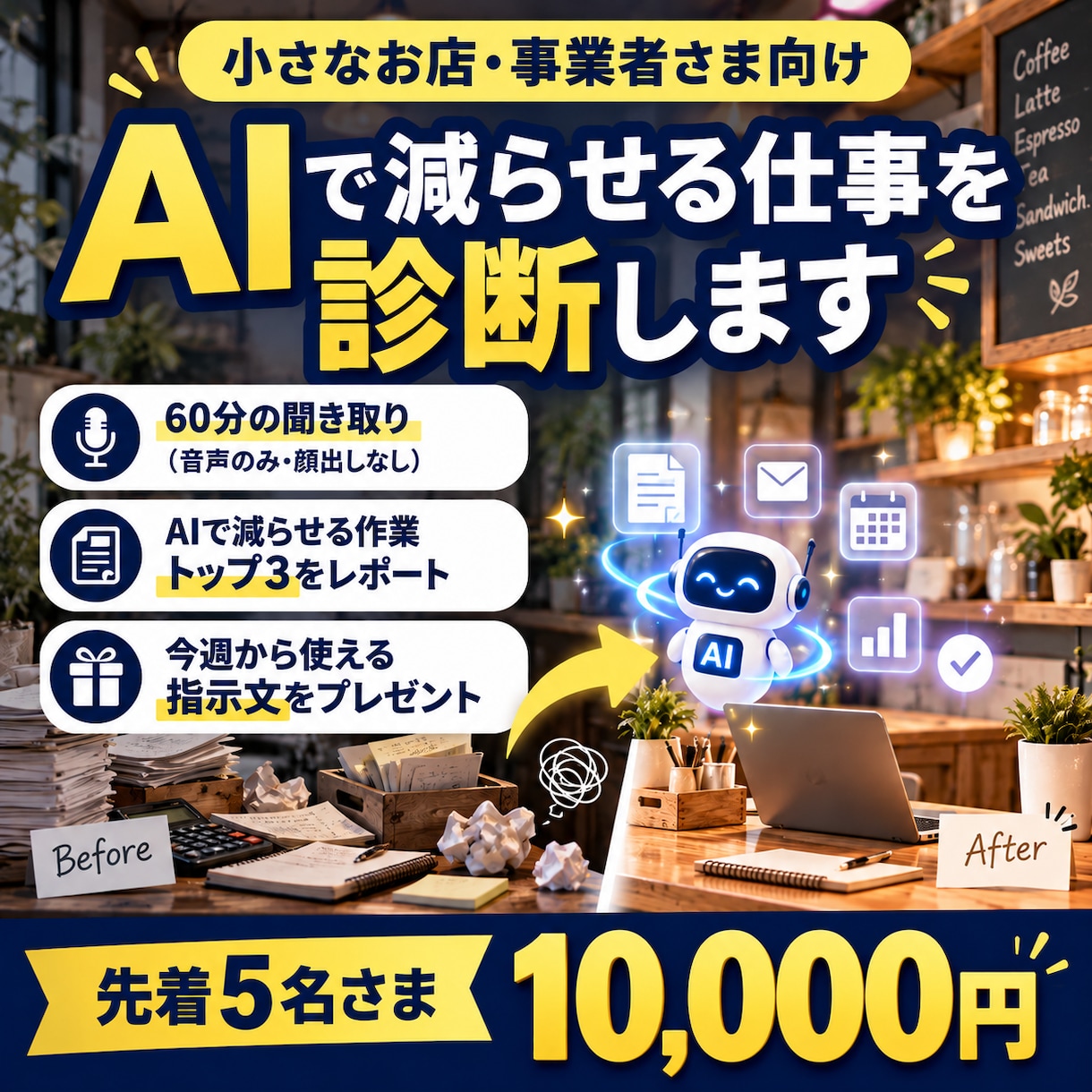小さなお店のAI活用、何から始めるかが分かります 60分の聞き取りでAIで減らせる作業トップ3を提案 イメージ1