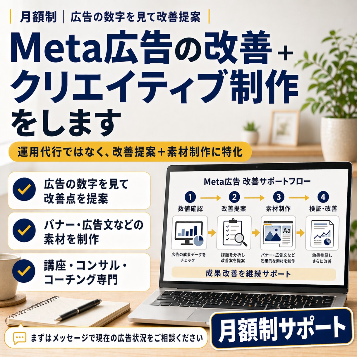 Meta広告の改善＋クリエイティブ制作します 月額制｜広告の数字を見て改善提案＋素材制作 イメージ1