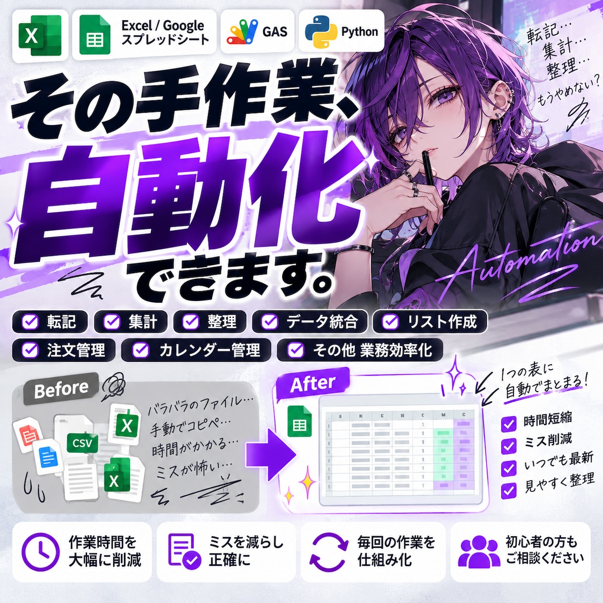 Excel・スプレッドの面倒な手作業を自動化します 転記・集計・整理を自動化！今の業務に合わせて仕組みを作ります イメージ1