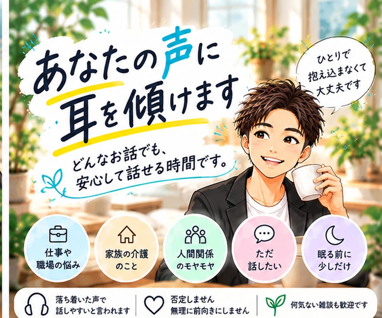 愚痴も雑談も否定せずゆっくりお聞きします 職場や家庭で頑張るあなたへ、落ち着いた声と穏やかな時間を イメージ1
