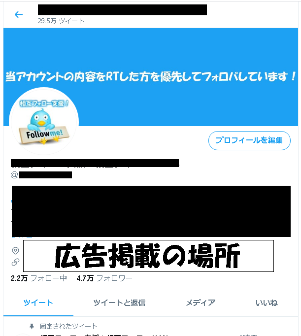 27万人と19万人のTwitterで宣伝します Top（プロフ）ページで広告を1週間掲載し、拡散・宣伝します イメージ2