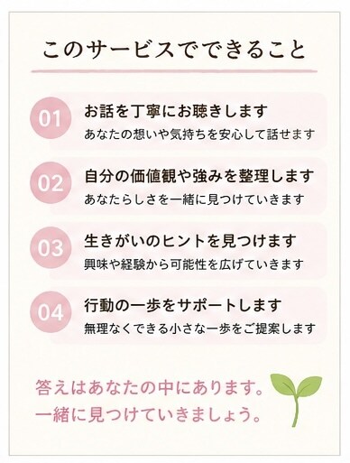 あなたの生きがい探しをお手伝いします 「人生後半の楽しみを一緒に探す」 イメージ3