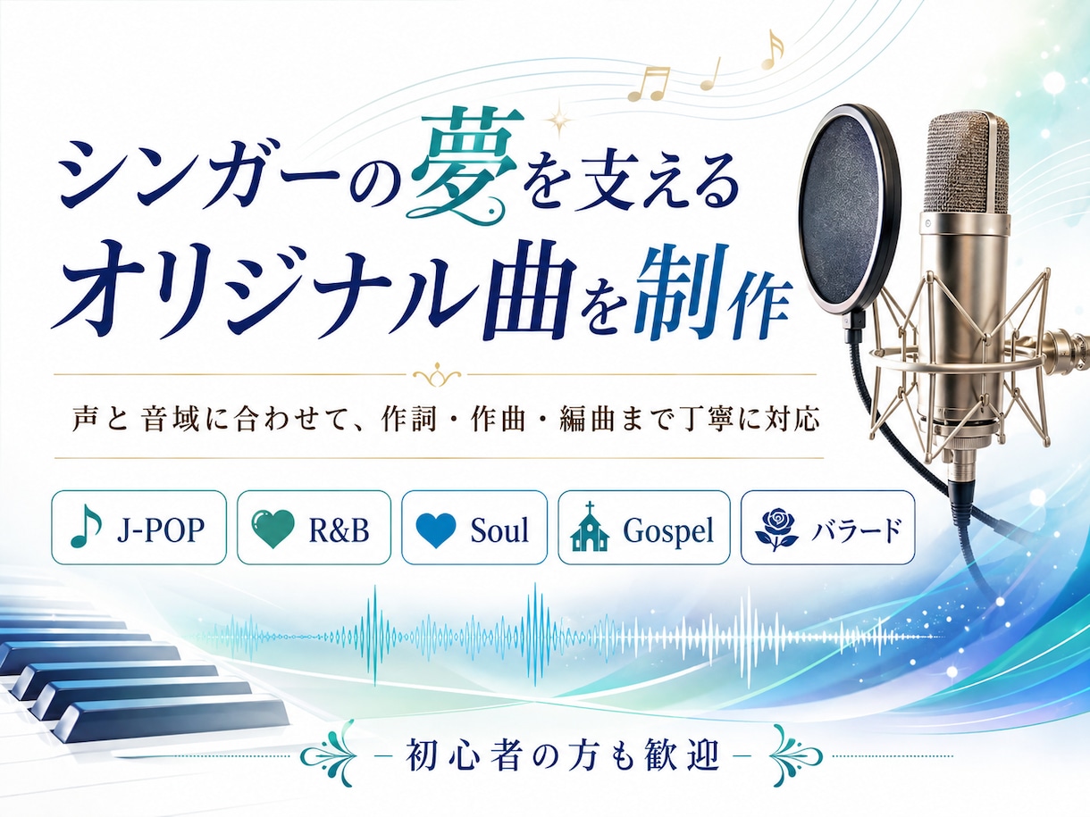 シンガーの目標を支えるオリジナル曲を作ります 声と音域に合わせて、作詞・作曲・編曲まで丁寧に制作します イメージ1