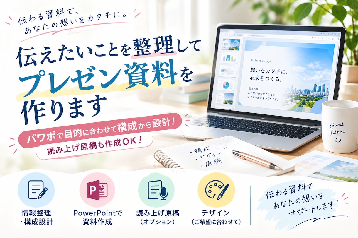 伝えたいことを整理してプレゼン資料を作ります パワポで目的に合わせて構成から設計！読み上げ原稿も作成OK！ イメージ1