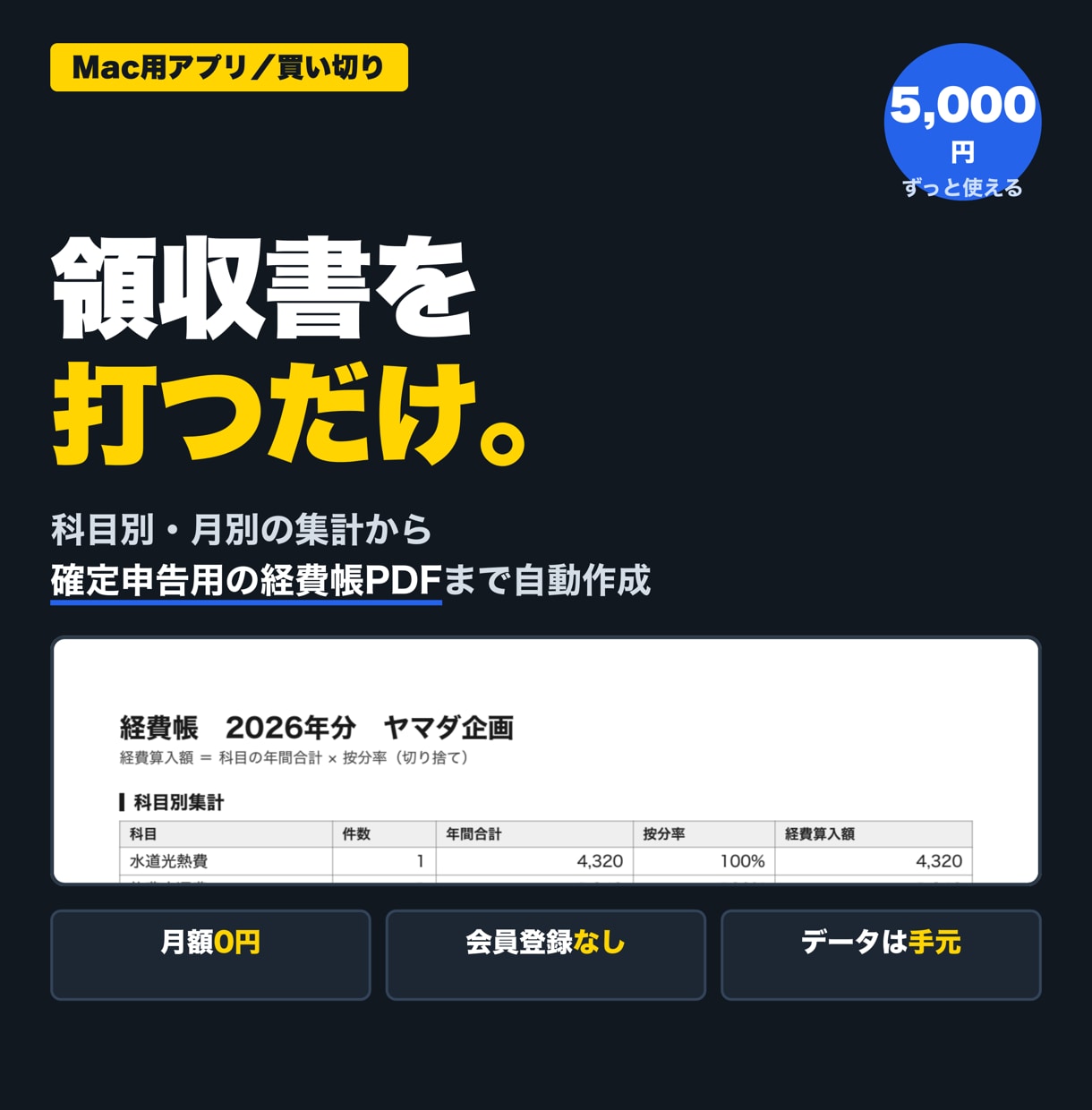 確定申告用の経費帳がすぐ作れるMacアプリ売ります 月額なし・登録なし・データはあなたのMacの中だけ イメージ1