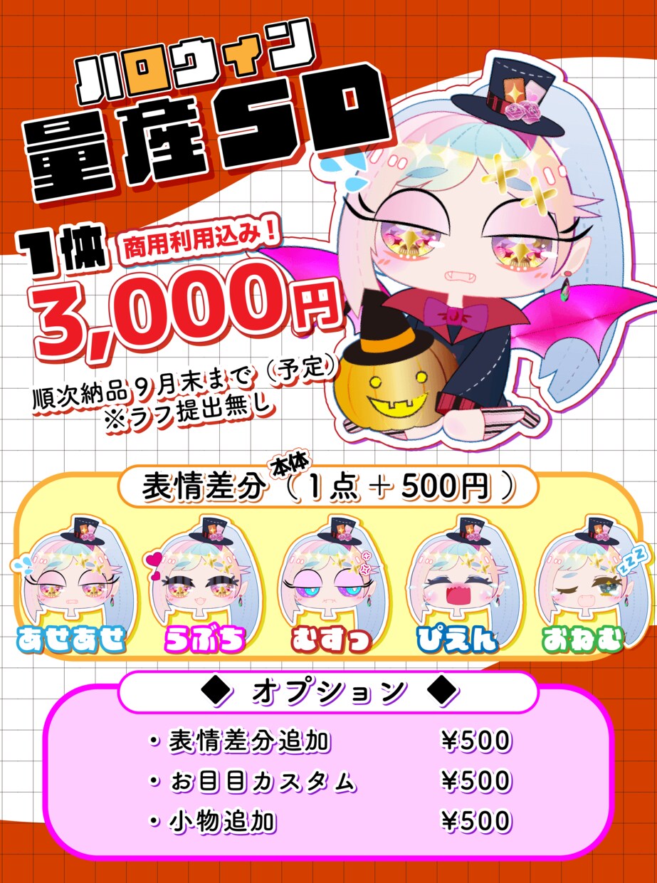 商用利用込！ハロウィン量産ミニキャラお描きします お目目カスタム、表情差分ございます。 イメージ1