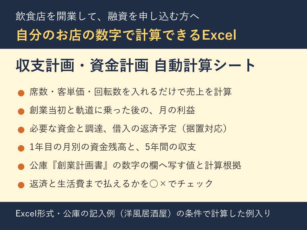 飲食店開業の収支・資金計画Excelを提供します 席数と客単価を入れるだけで自動計算、創業計画書の数字も出ます イメージ1