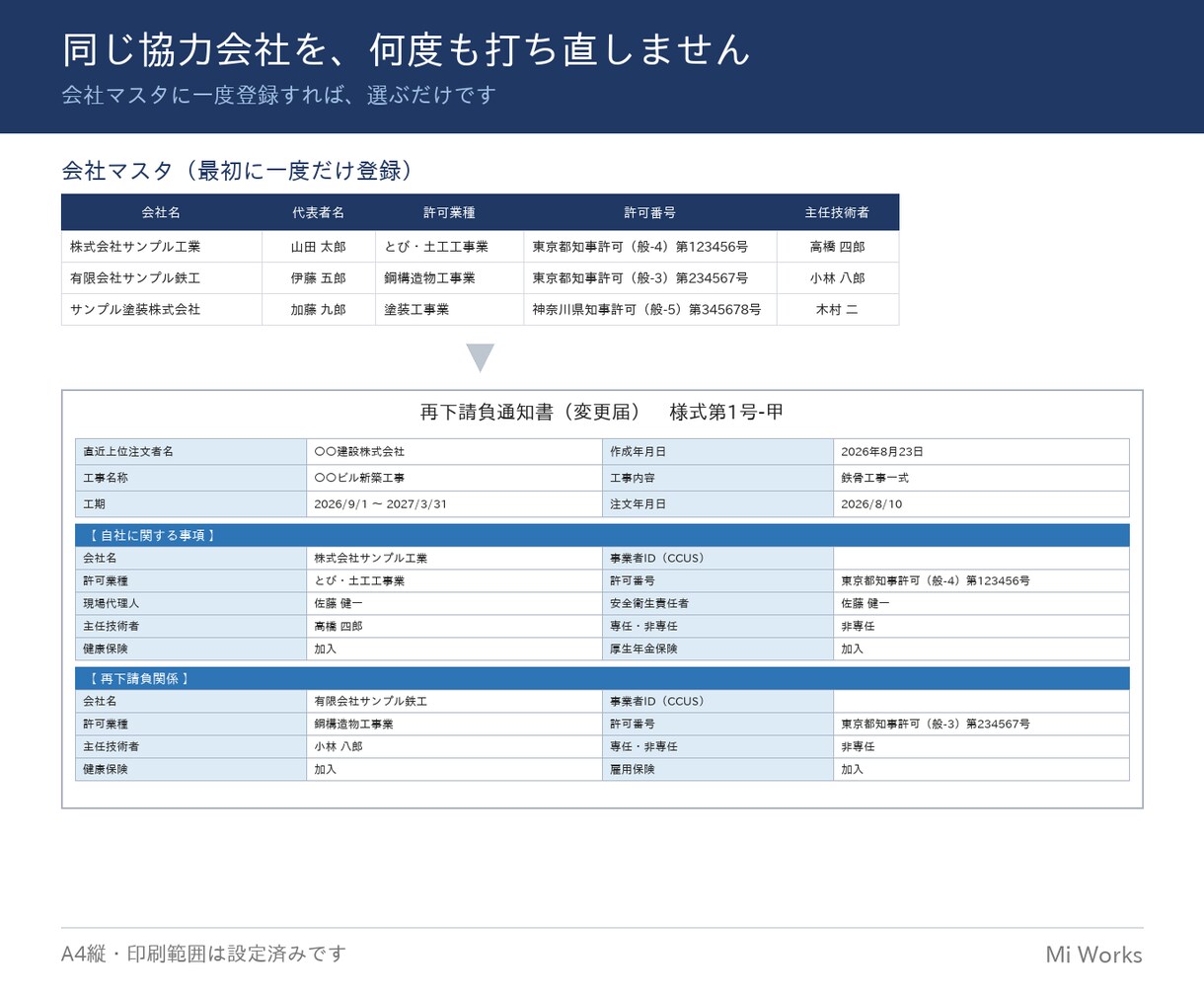 再下請負通知書Excel（全建様式）を販売します 全建統一様式 第1号-甲/乙｜改訂6版対応・マスタ連動 イメージ2
