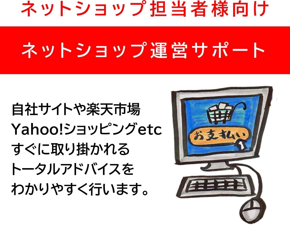 ネットショップ運営でお困りの方へサポートします 担当者様のスキルに応じて施策をアドバイスいたします。 イメージ1