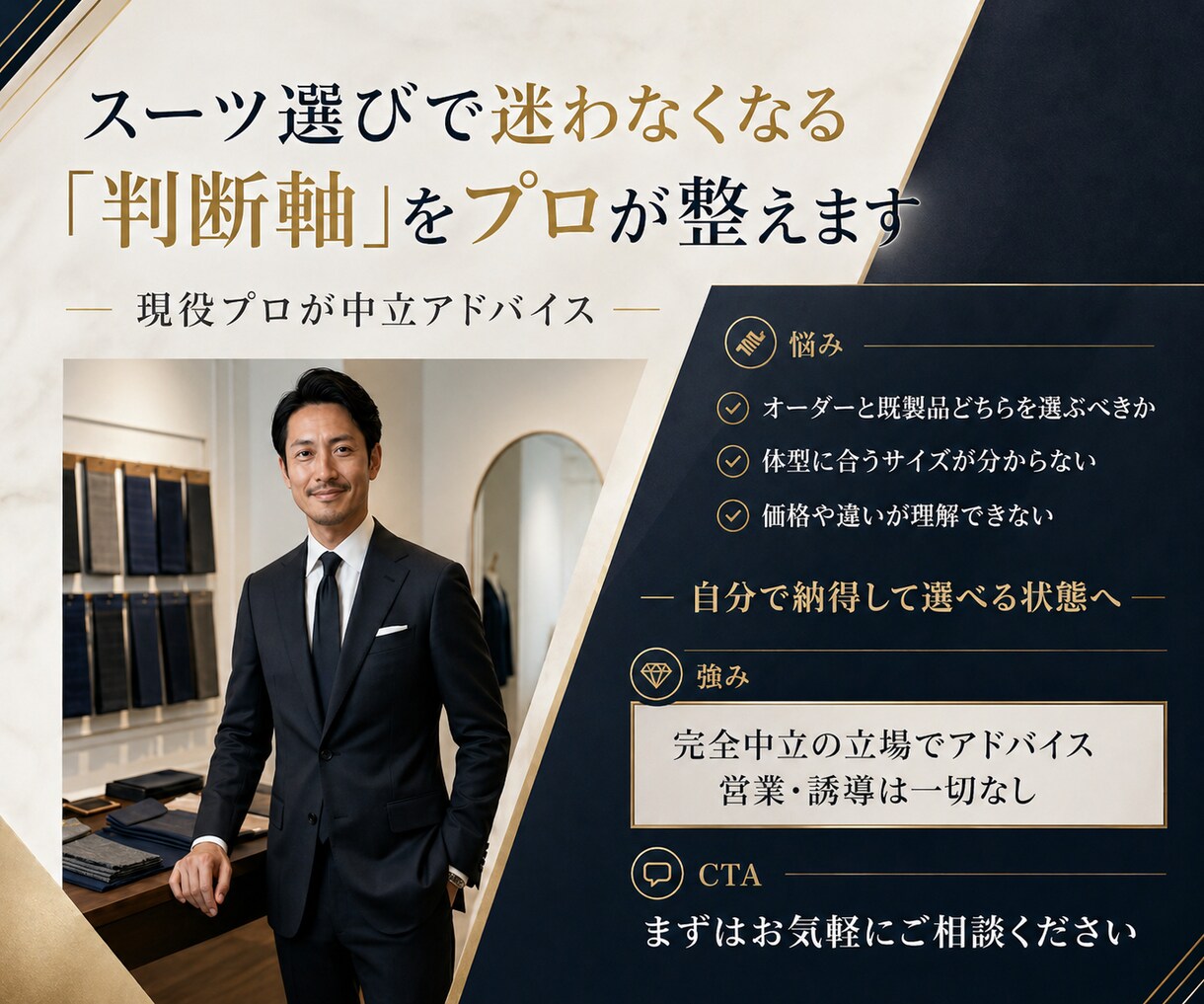 スーツ選びの不安を解消します 店舗ごとに違う説明を整理し判断軸をお伝えします イメージ1
