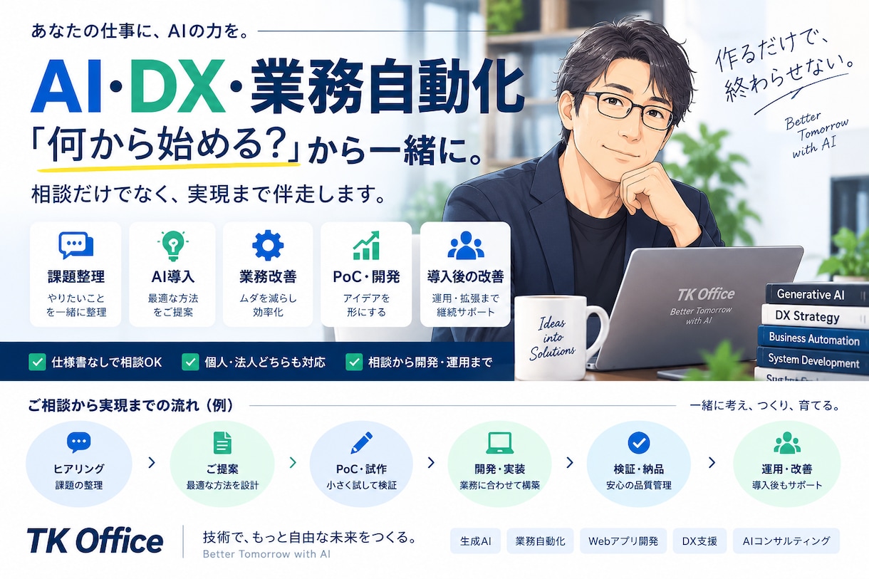 AI・DX・業務自動化の導入相談に伴走します 何から始める？を整理し、実現方法まで一緒に考えます イメージ1