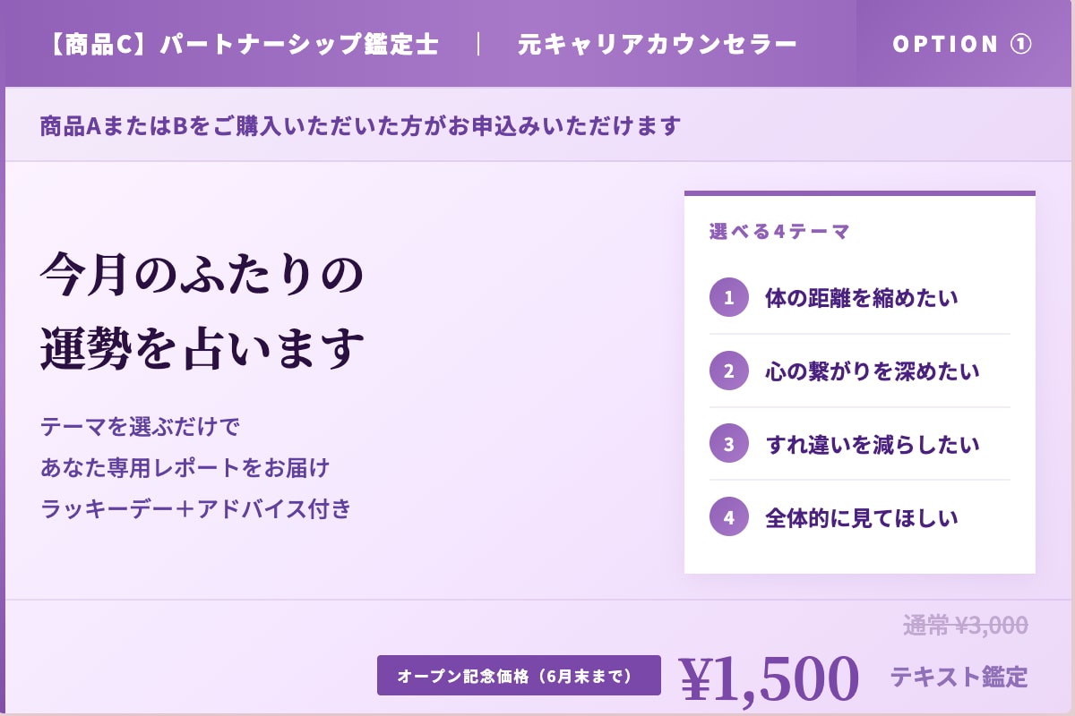 商品C：今月の選べるテーマのふたりの運勢を占います テーマを選ぶだけ！ラッキーデー＋アドバイス付き イメージ1