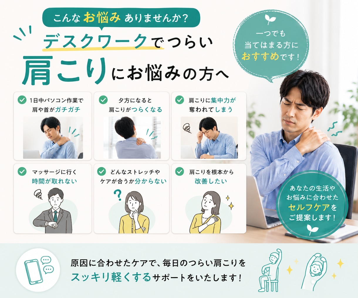 デスクワーク中の肩こりをケアします 仕事の合間にできるセルフケアを提案 イメージ2