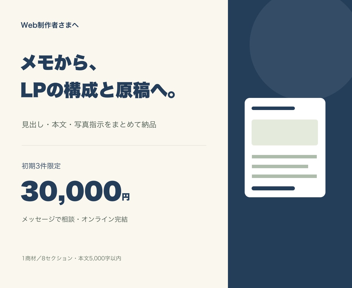 ヒアリング資料からLP構成と原稿を作成します 見出し・本文・写真指示をまとめて納品 イメージ1