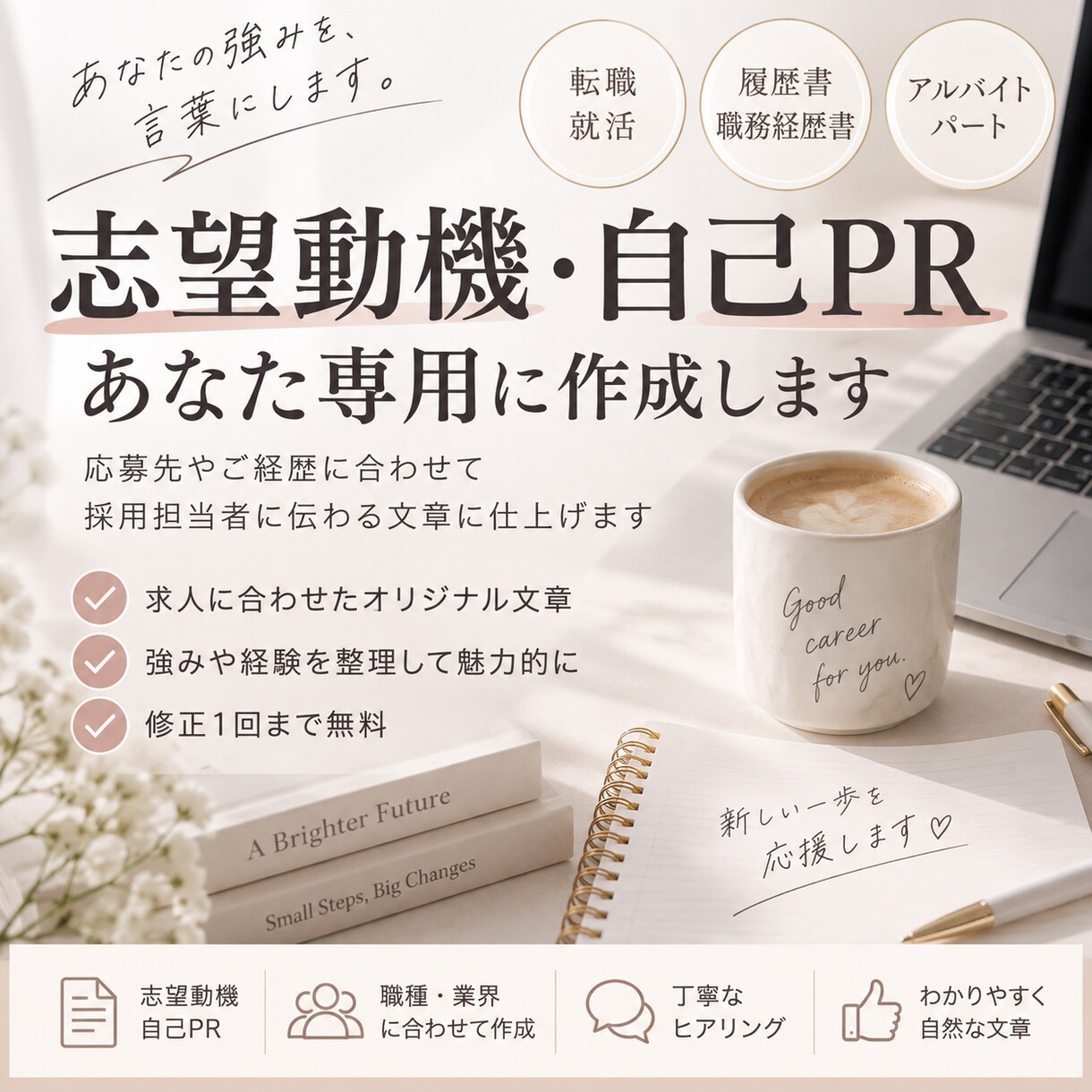 あなた専用の志望動機・自己PRを作成しますます 求人と経歴に合わせて採用担当に伝わる文章に仕上げます イメージ1