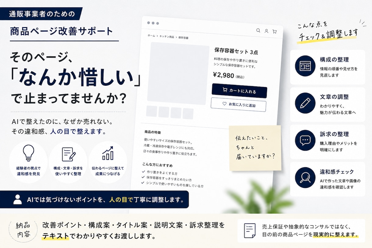 商品画像・説明文を売り場用に整えます きれいでも伝わらない商品ページを整理します イメージ1