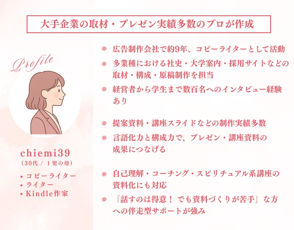 講座紹介など"伝えたい想い"を資料に整えます 「何を書く？」から一緒に。資料化をプロが作成！ イメージ5