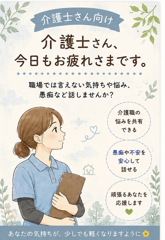 介護士さんのお話聞きます 介護士さん集まれー！介護士だからわかる気持ち。話しませんか？ イメージ1