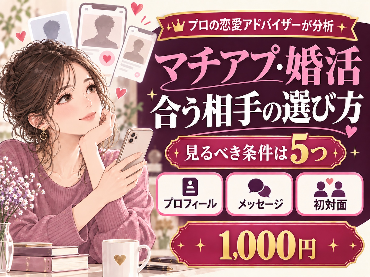 マチアプ・婚活で合う相手の選び方をお伝えします 見るべき条件5つと確認ポイントを具体的にご提案 イメージ1