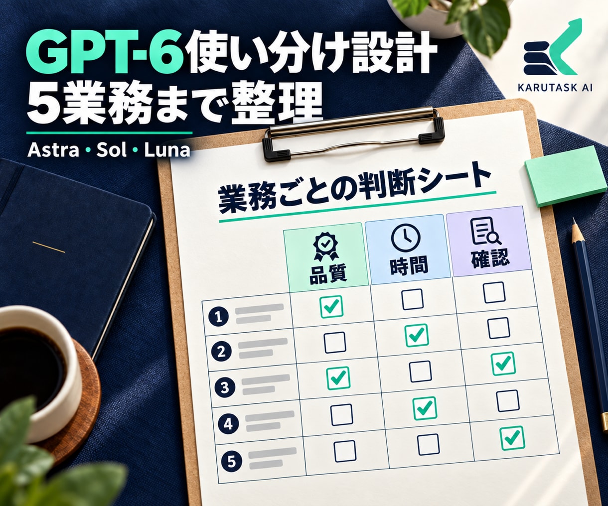 GPT-6の使い分けを業務ごとに整理します 3モデルと人の確認工程を5業務まで整理します イメージ1