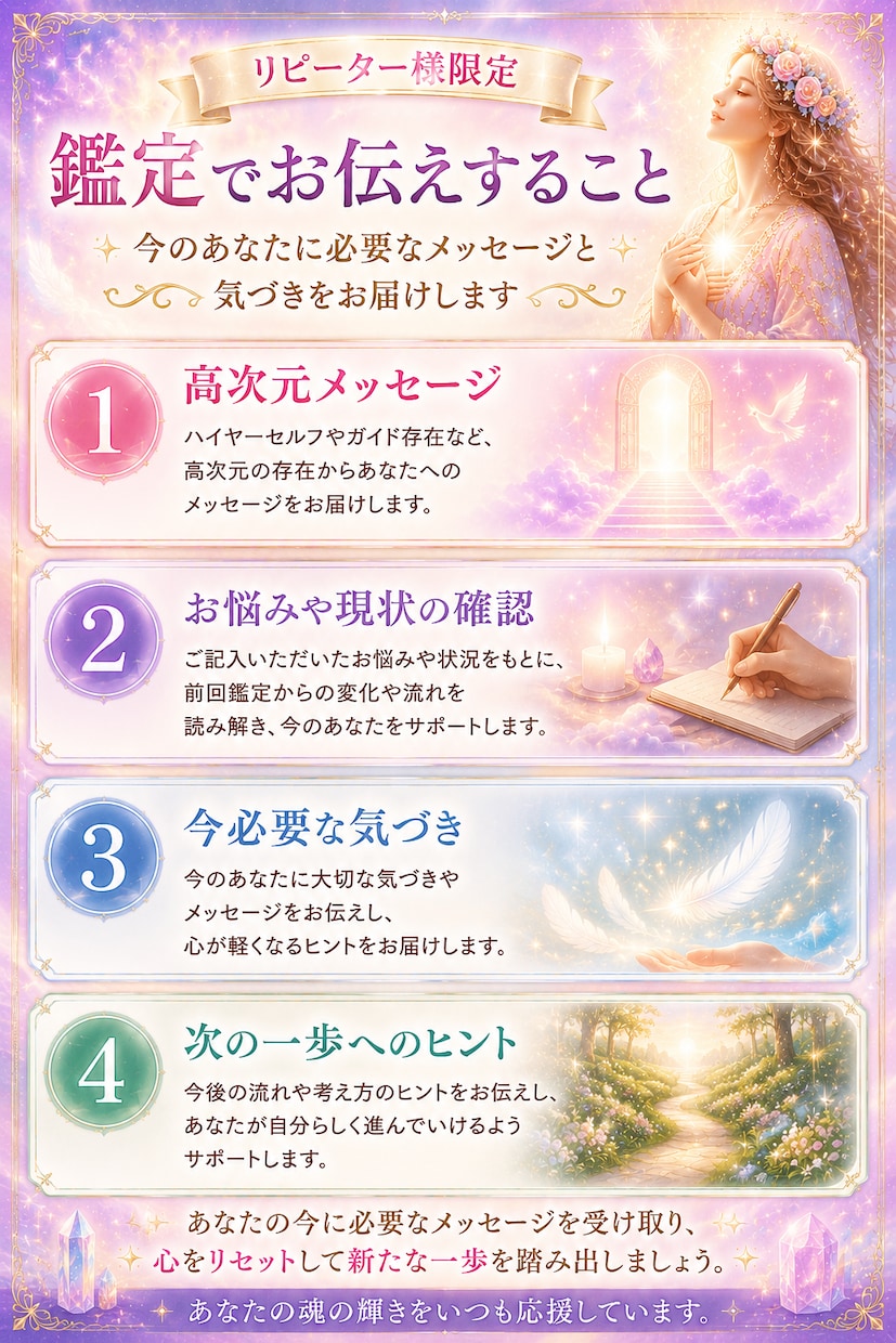 リピーター様限定 高次元からのメッセージ鑑定します 気付きのヒントとしてルピナスから補足メッセージもお届けします イメージ4