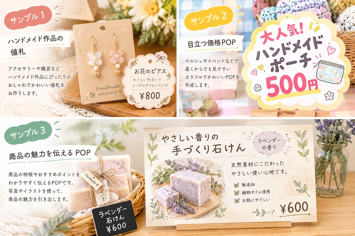 マルシェやお店で目立つ商品POPを作ります 値札・価格表・おすすめ商品など、かわいいデザイン作りします♪ イメージ1