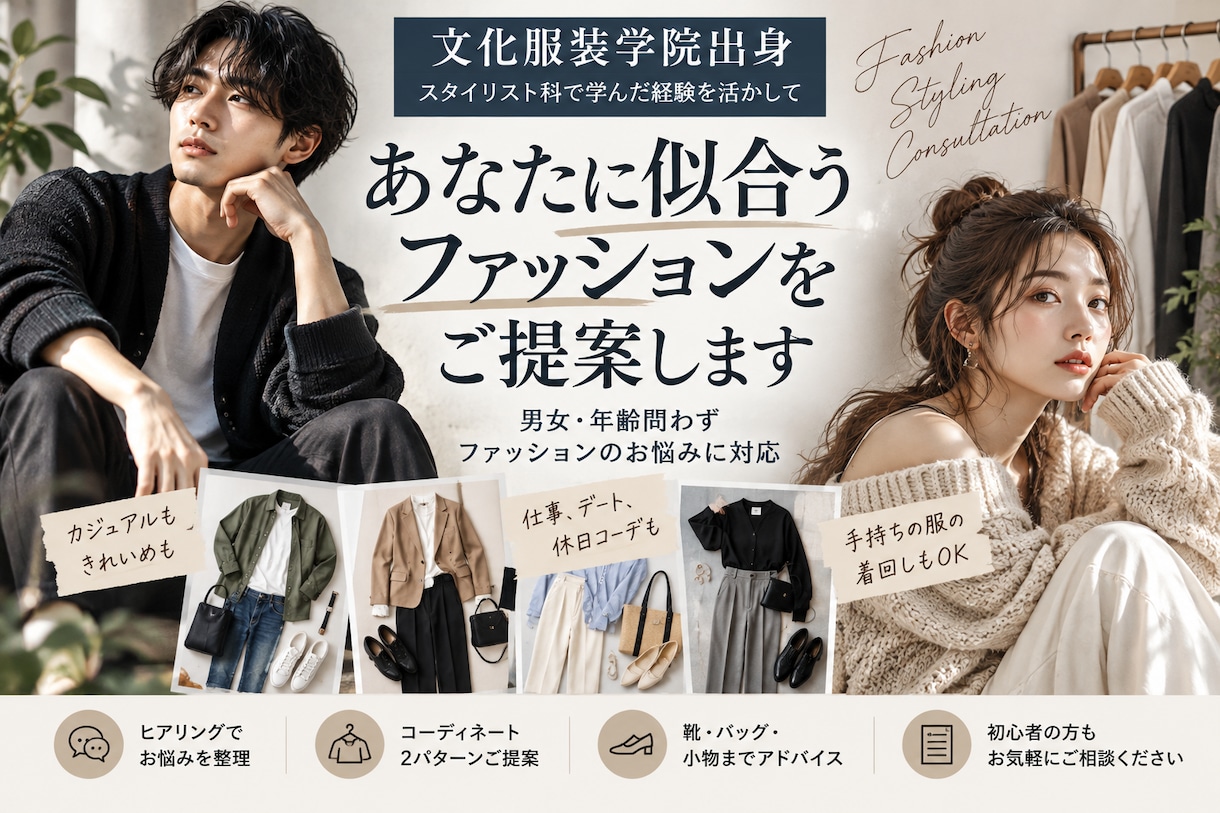 文化服装学院出身が似合う服をご提案します 男女問わず、好みや予算に合わせたスタイリングをご提案 イメージ1