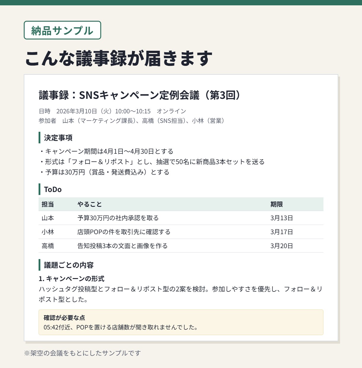 会議の録音から文字起こし＋議事録を作ります 決定事項・ToDo・担当と期限まで見やすく整理 イメージ5