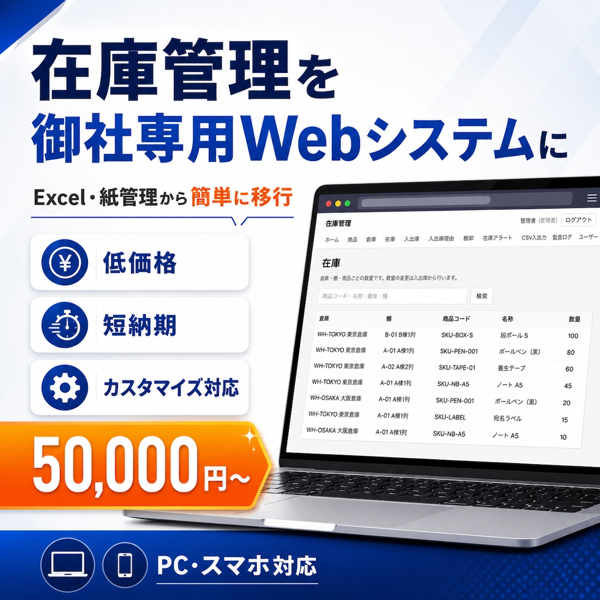 御社専用の在庫管理Webシステムを構築します 完成済みシステムをベースに低価格・短納期で個別にカスタマイズ イメージ1