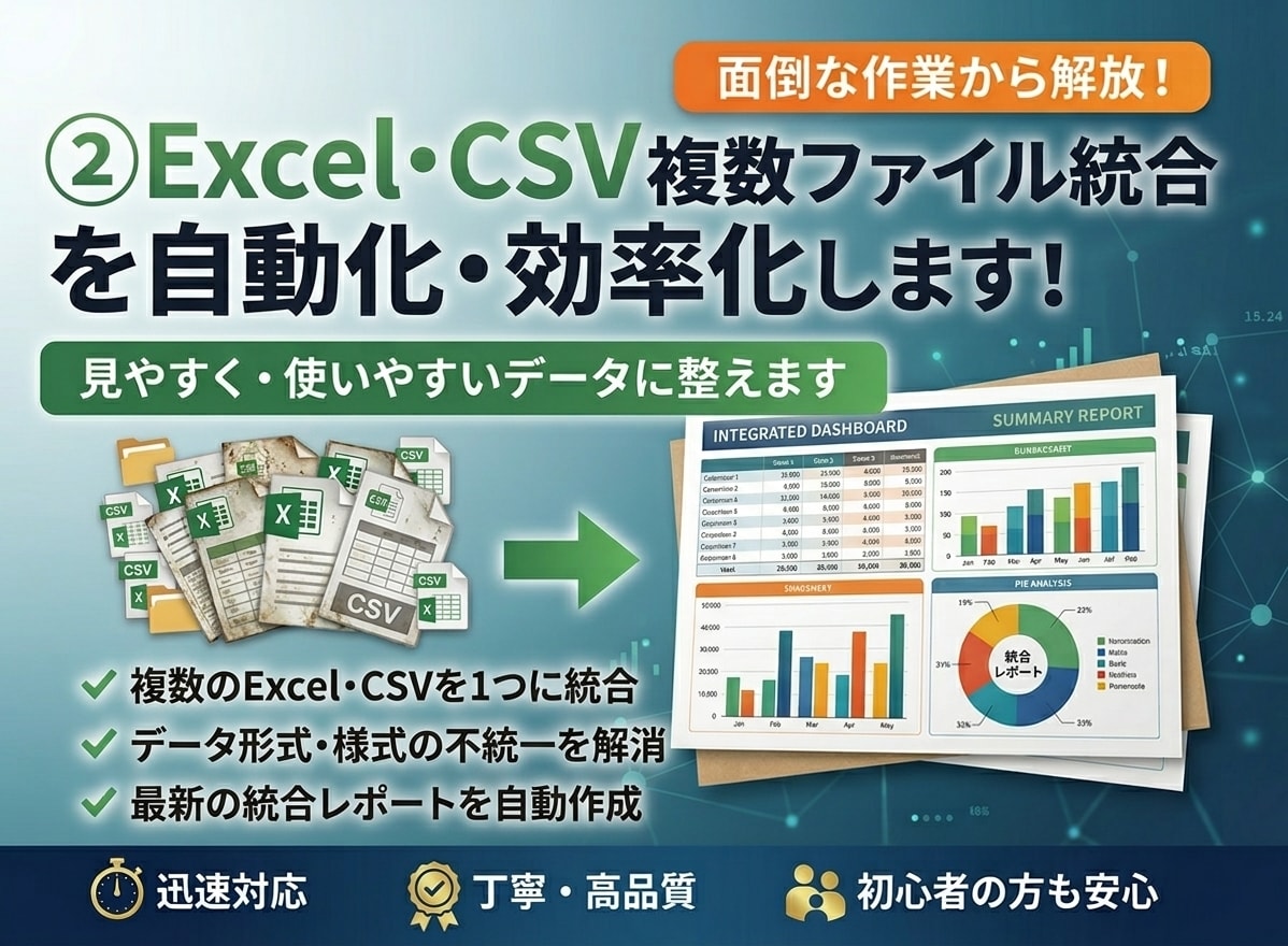 複数Excel・CSVファイル統ます バラバラのExcel・CSVを、1つのデータにまとめます イメージ1